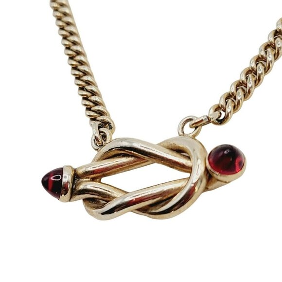 Vintage Swank Slide On Tie Bar W/ Chain Knotted Accent Red Glass Ends Gold Tone - Picture 4 of 8